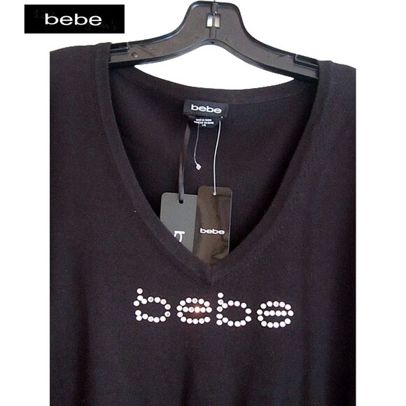 bebe NEW Glam Crystals Embellished V-Neck Rib Trim Pullover Sweater XS - Picture 7 of 12